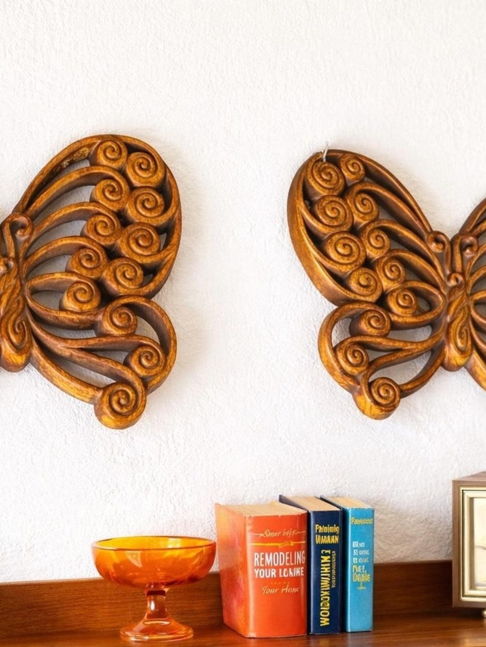 Vintage Burwood Butterfly Wall Plaques, Faux Wood Mid Century Boho Art Set